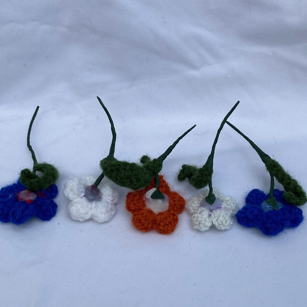 Handmade Colorful Crochet Flowers on wire stems - set of 10 colorful flowers - Picture 12 of 13